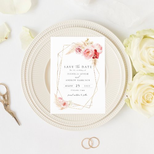 Roses and Pampas Grass Gold Frame Save The Date Invitation