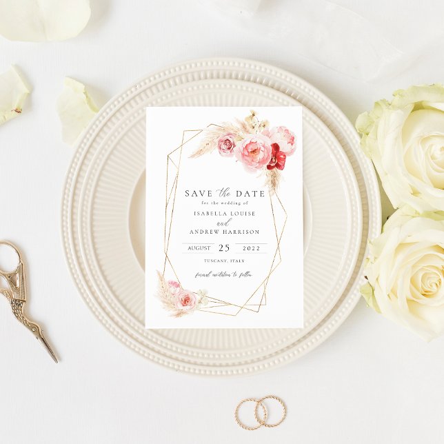 Roses and Pampas Grass Gold Frame Save The Date Invitation (Creator Uploaded)