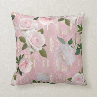 Roses And Peonies On Blush Pink And Gold Damask Throw Pillow