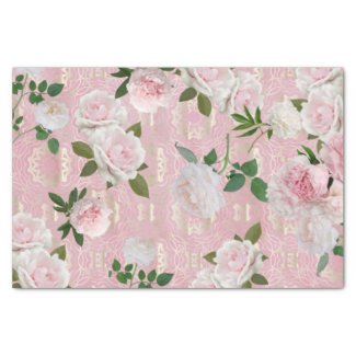 Roses And Peonies On Blush Pink And Gold Damask  Tissue Paper