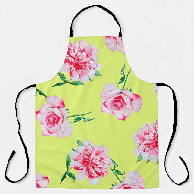 Roses and Peonies watercolor illustration patterna Apron (Front)