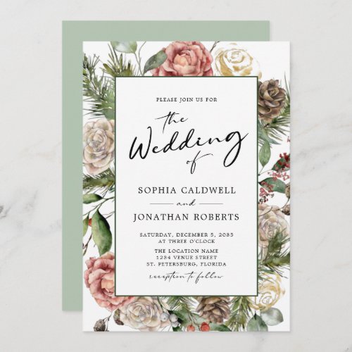 Roses and Pine Calligraphy Floral Winter Wedding Invitation