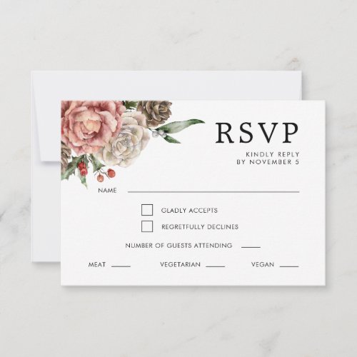Roses and Pine Calligraphy Floral Winter Wedding RSVP Card