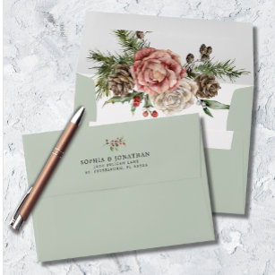 Roses and Pine Floral Sage Winter Wedding Envelope