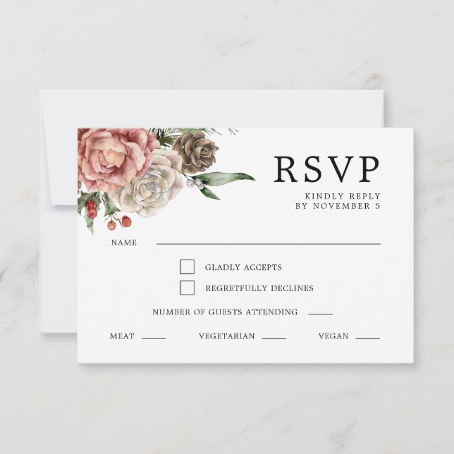 Roses and Pine Floral Winter Wedding RSVP Card (Front)