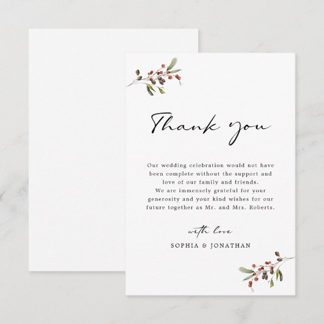 Roses and Pine Modern Calligraphy Simple Wedding Thank You Card (Front/Back)