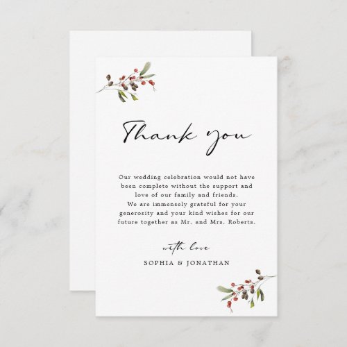 Roses and Pine Modern Calligraphy Simple Wedding Thank You Card