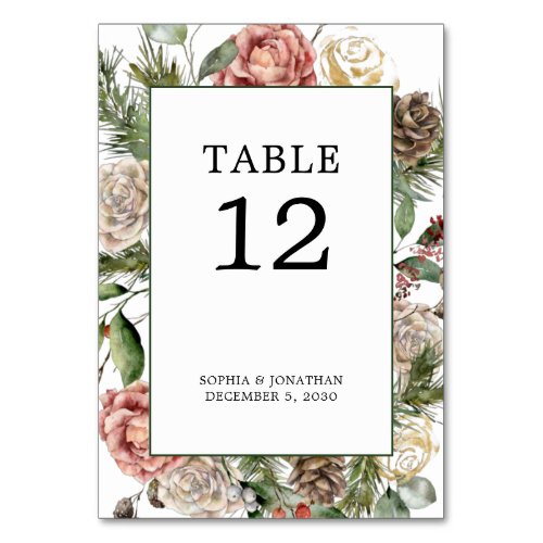 Roses and Pine Winter Wedding Personalized Table Number