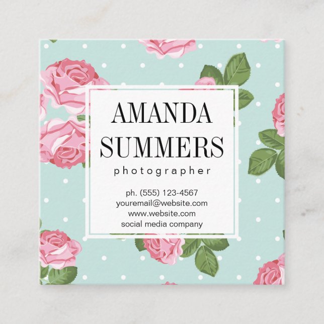 Roses and Polka Dots Square Business Card (Front)