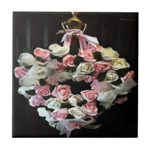 Roses and Ribbons Decorative Wreath Ceramic Tile