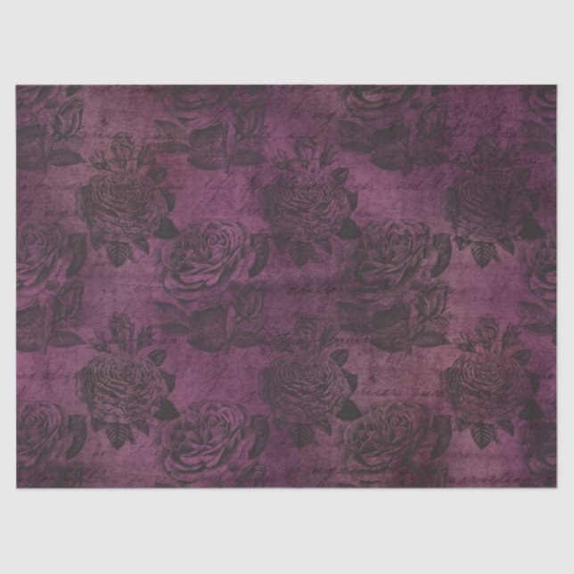Roses and Script on Distressed Purple Decoupage Tissue Paper (Front)