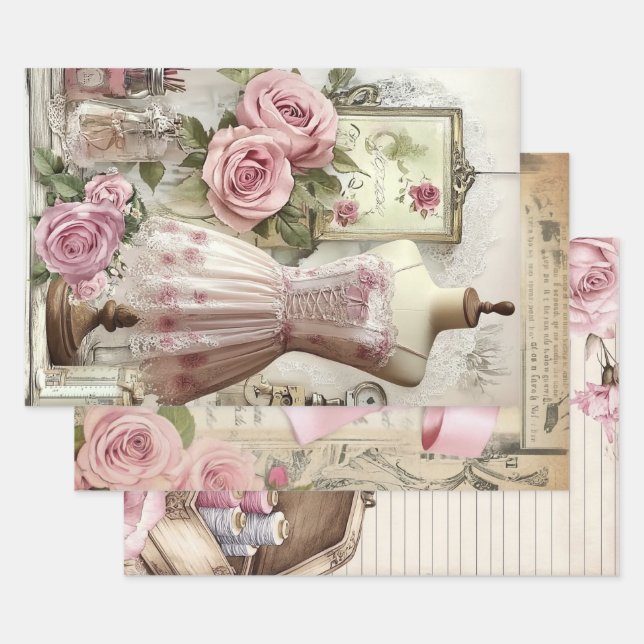 Roses and Sewing Ephemera Pattern Wrapping Paper Sheets (Set)