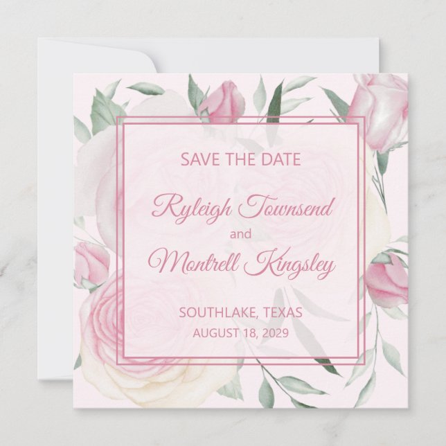 Roses and Shades of Pink Save The Date Card (Front)
