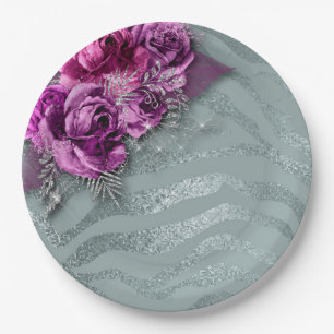 Roses and Silver Glittery Zebra Stripes Paper Plates