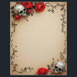 Roses and Skull on Parchment Letterhead<br><div class="desc">Two silvery-gray skulls with blood-red roses and black thorns make this the perfect Goth-themed letterhead paper.  Perfect for correspondence,  a Gothic-themed newsletter,  or an invitation for those who celebrate Halloween every day.</div>
