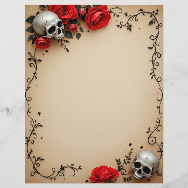 Roses and Skull on Parchment Stationery Paper (Front)