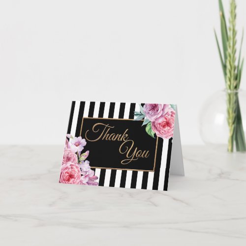 Roses and Stripes Glitter Script Thank You Card