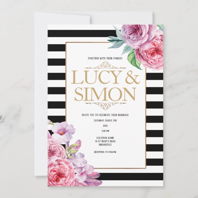 Roses and Stripes Wedding Invitation (Front)