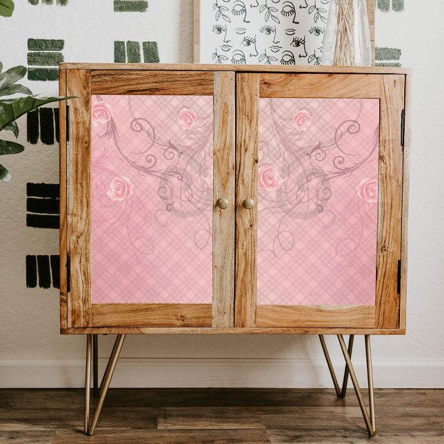 Roses and Swirls on Elegant Pink Plaid Decoupage Tissue Paper (Creator Uploaded)