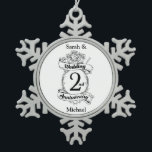 Roses and Vines Romantic 2nd Wedding Anniversary Snowflake Pewter Christmas Ornament<br><div class="desc">A keepsake to mark your second wedding anniversary. The shield like design in black and white,  with roses and romantic vines. A great way to mark your 2nd year of marriage,  your cotton anniversary.</div>