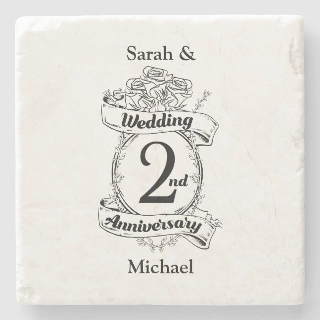 Roses and Vines Romantic 2nd Wedding Anniversary Stone Coaster (Front)