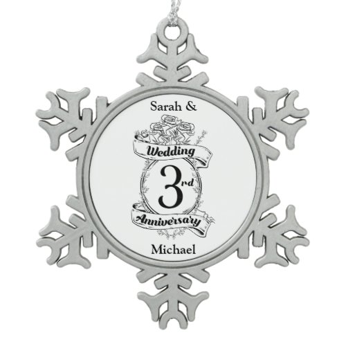 Roses and Vines Romantic 3rd Wedding Anniversary Snowflake Pewter Christmas Ornament