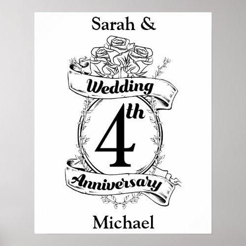 Roses and Vines Romantic 4th Wedding Anniversary Poster