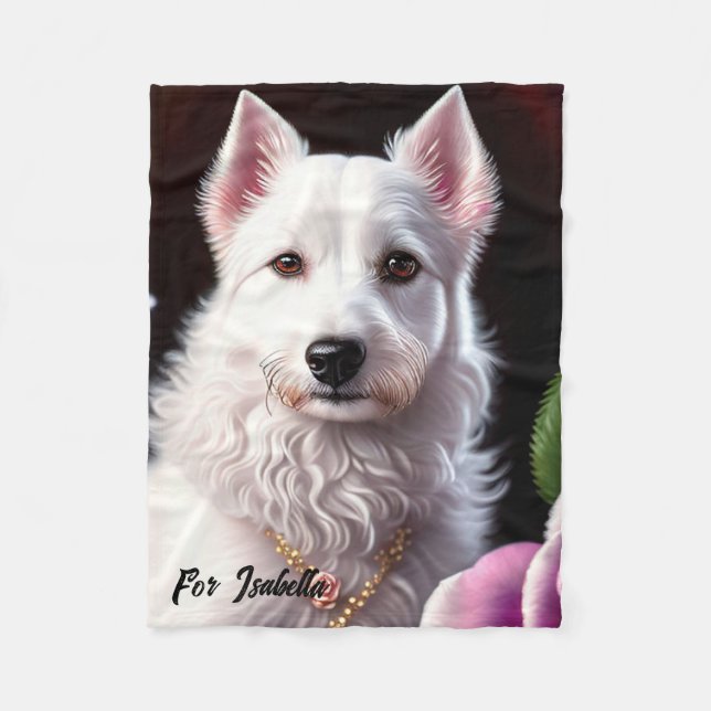 Roses And White Dog Collection Fleece Blanket (Front)