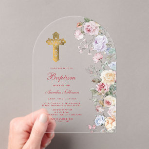 Roses Arch Baptism Acrylic Invitations