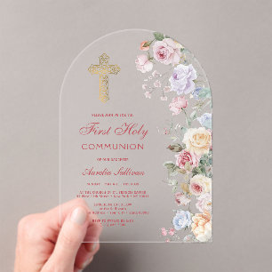 Roses Arch First Communion Acrylic Invitations