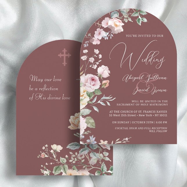 Roses Arch on Burgundy Catholic Wedding Invitation (Creator Uploaded)