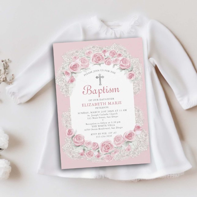Roses Baby Breath Pink White Elegant Girl Baptism Invitation (delicate roses babys breath floral frame baby girl baptism christening invitation elegant classy)