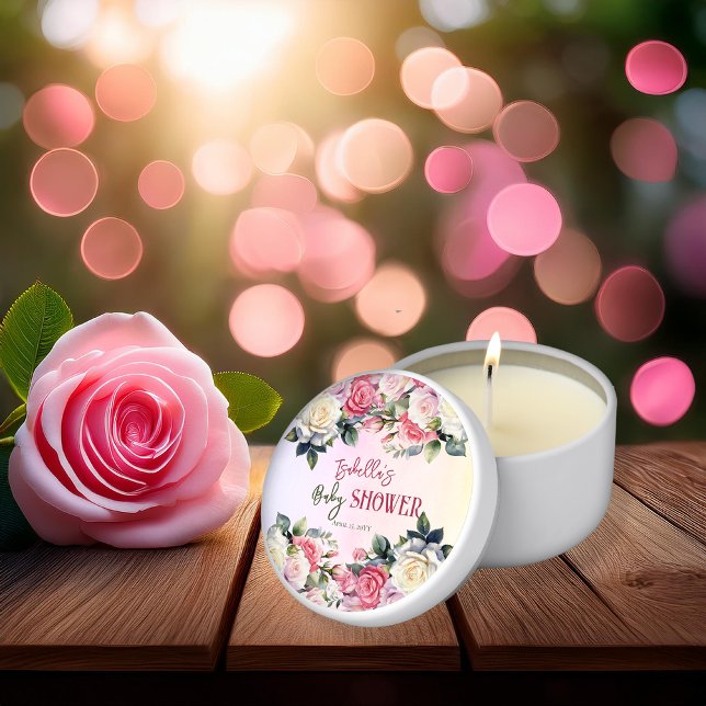 Roses Baby in Bloom Floral Baby Shower Mini Candle Favors (Pink Rose Floral Bouquets Girl Baby Shower Mini Votive Candle Favors -- A Little Rose Collection)