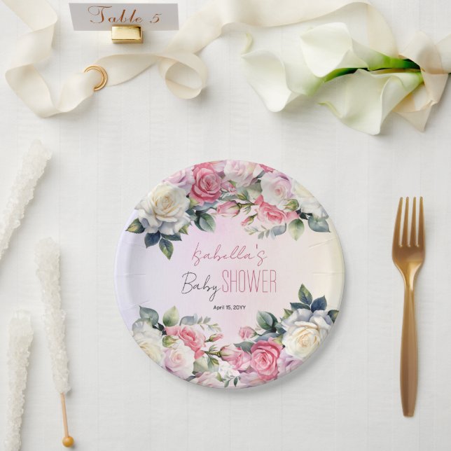 Roses Baby in Bloom Floral Baby Shower Paper Plates (Wedding)