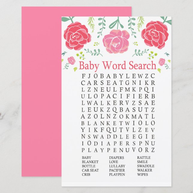 Roses Baby Shower Word Search Game (Front/Back)