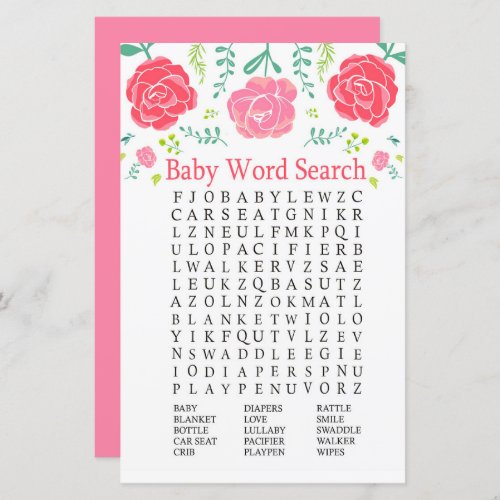 Roses Baby Shower Word Search Game