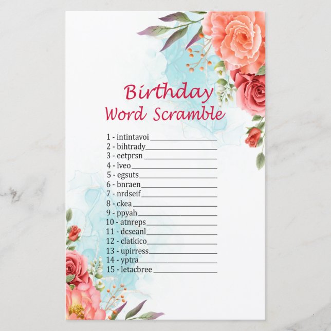 Roses Birthday Word Scramble Game (Front)