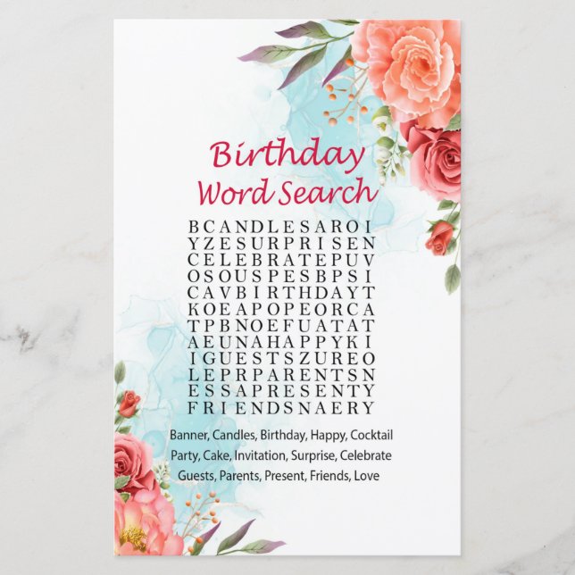 Roses Birthday Word Search Game (Front)