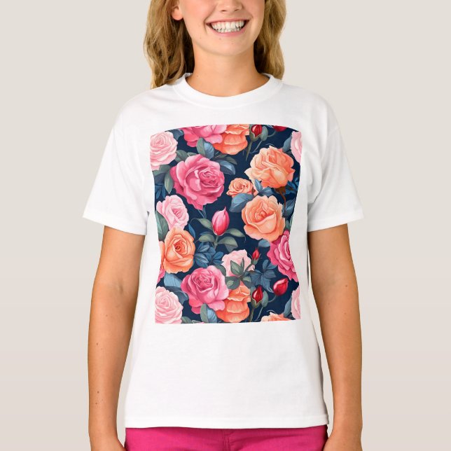 Roses Blooming Flowers Pattern-80037  T-Shirt (Front)