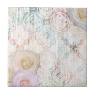 Roses Blossoms On Vintage Retro Antique Linen Lace Ceramic Tile