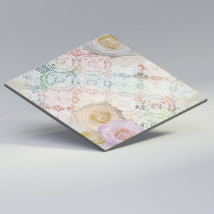 Roses Blossoms On Vintage Retro Antique Linen Lace Ceramic Tile