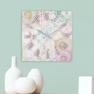 Roses Blossoms On Vintage Retro Antique Linen Lace Square Wall Clock