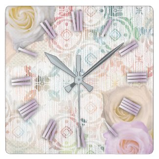 Roses Blossoms On Vintage Retro Antique Linen Lace Square Wall Clock