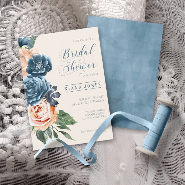 Roses Blue/Peach Wedding Bridal Shower ID584 Invitation (Front/Back In Situ)