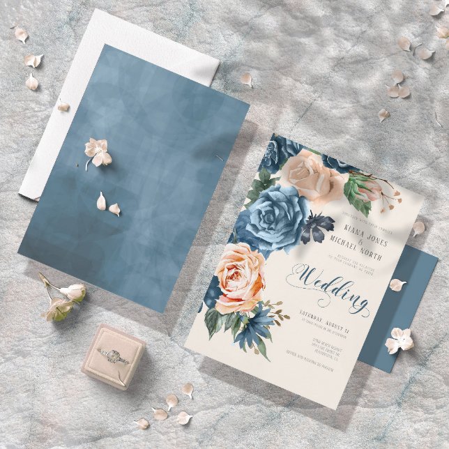 Roses Blue/Peach Wedding ID584 Invitation