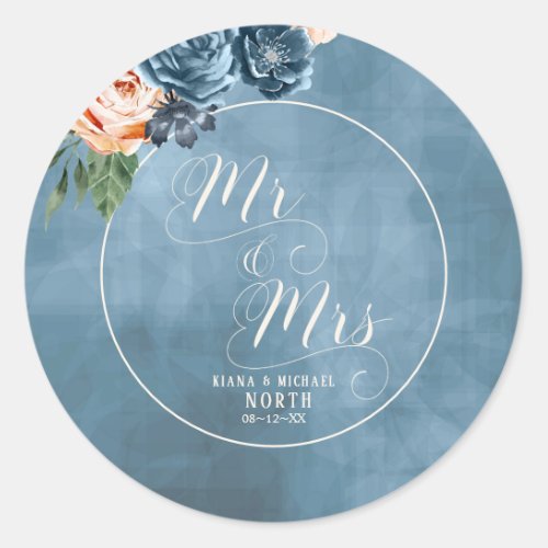 Roses BluePeach Wedding Mr and Mrs ID584 Classic Round Sticker