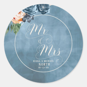 Roses Blue/Peach Wedding Mr and Mrs ID584 Classic Round Sticker