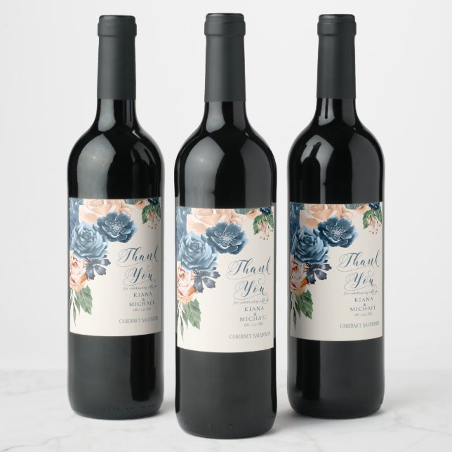 Roses Blue/Peach Wedding Thank You ID584 Wine Label (Bottles)