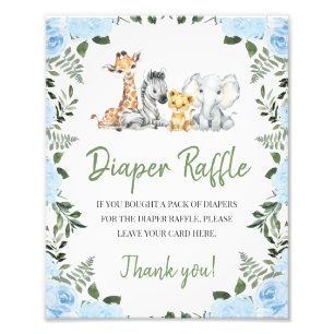 Roses Blue Safari Baby Shower Diaper Raffle Sign