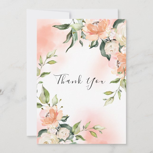 Roses Blush|Gold Watercolor Elegant Wedding Thank You Card (Front)